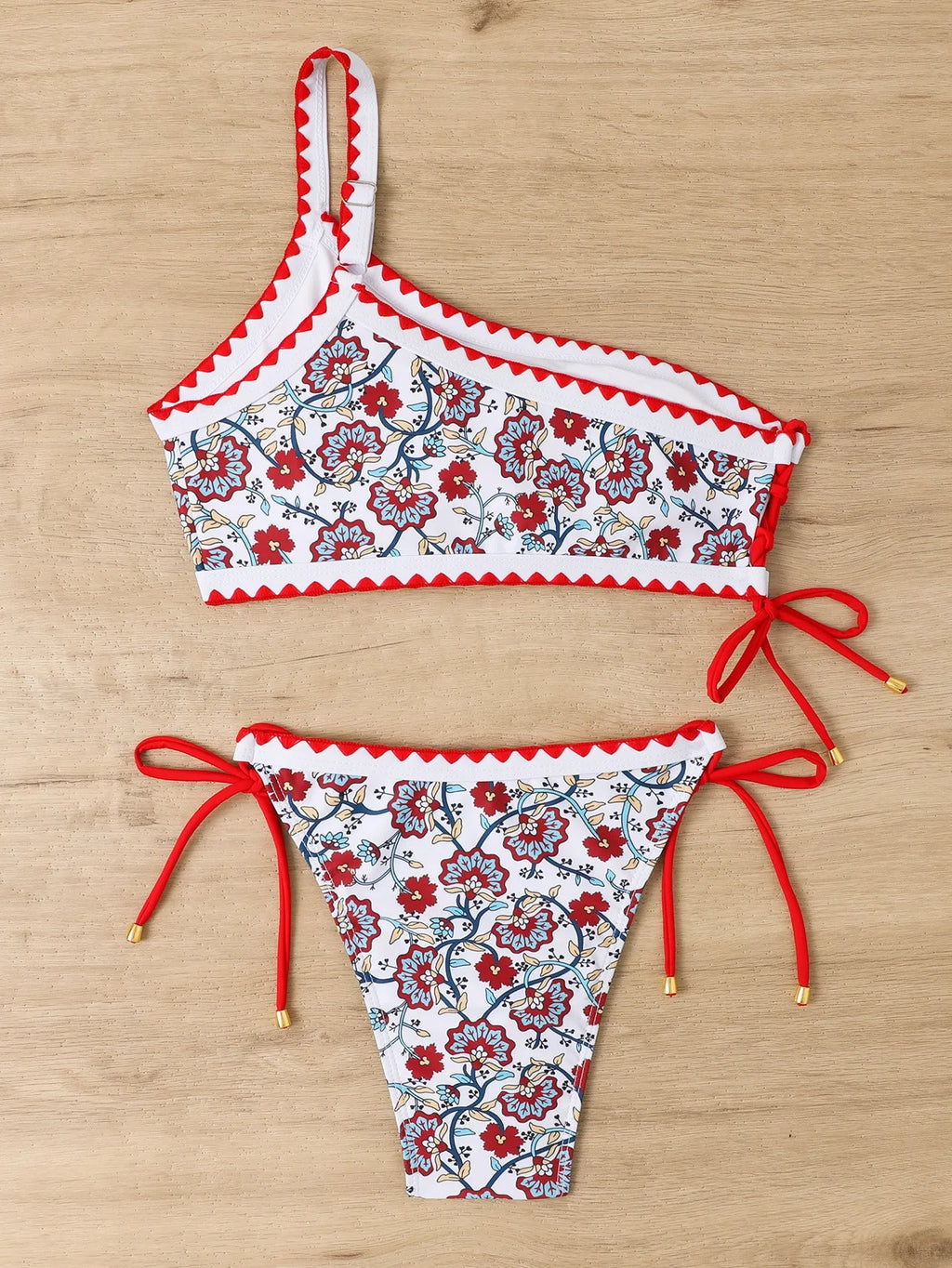Blue one-shoulder floral bikini set with briefs bottoms