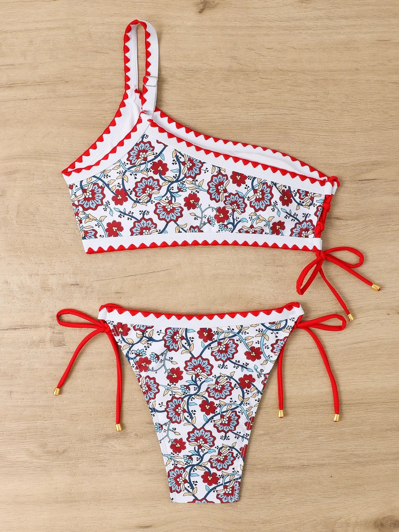 Blue one-shoulder floral bikini set with briefs bottoms