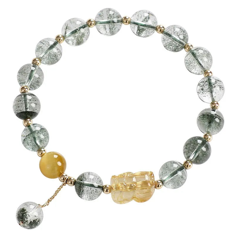 Green phantom quartz crystal bracelet with 8mm beads and gold rutilated quartz inclusions