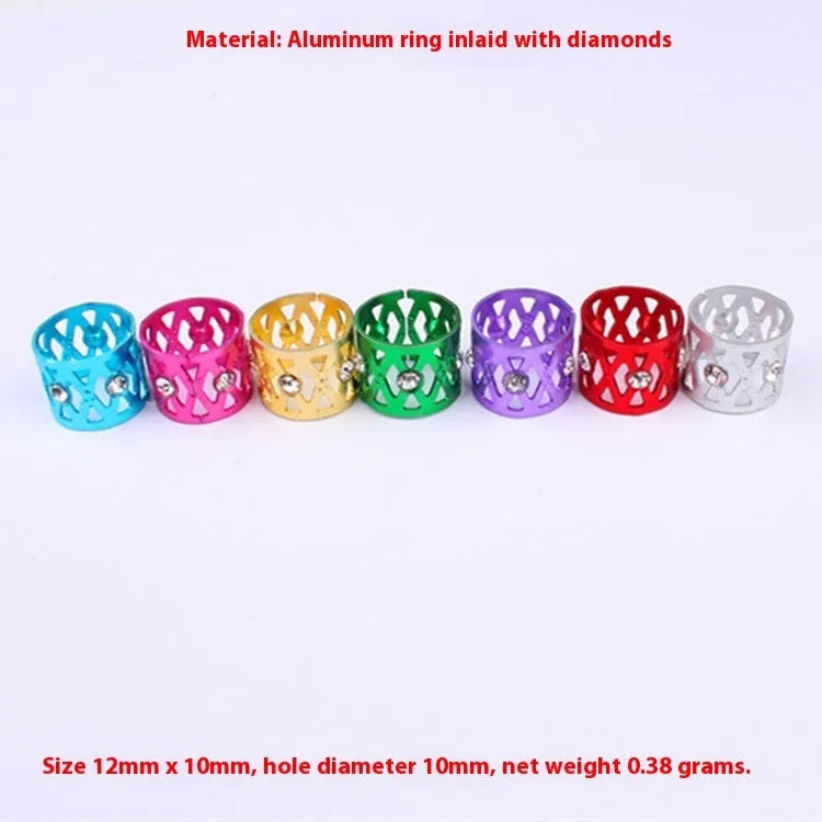 Aluminium wig decoration hair ring with jeweled details in multiple colour options on a white background.