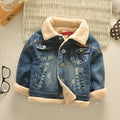 Children's baby thickened fleece-lined Korean style denim jacket with fur collar in denim colour, size 110 cm