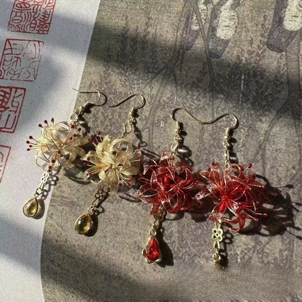 Red spider lily manjushage women's floral drop earrings in red gold resin plastic original design