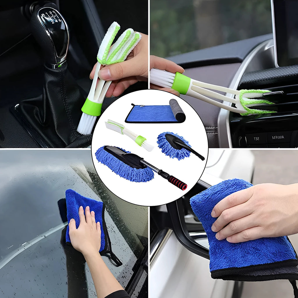 Car dust collector with retractable handle and 5-piece microfiber dusting brush set for car and home cleaning