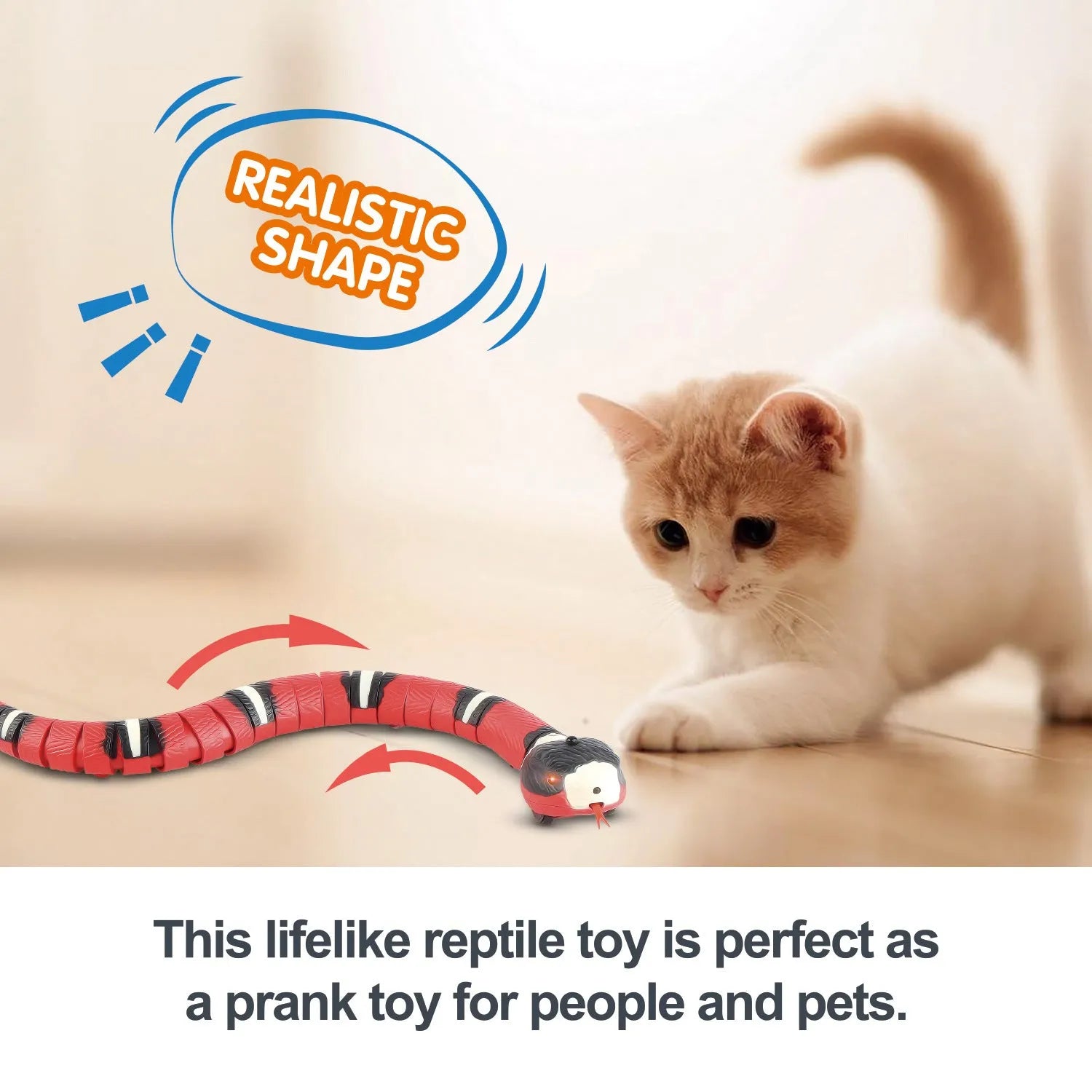 USB rechargeable automatic electronic snake toy for cats with segmented plastic body.