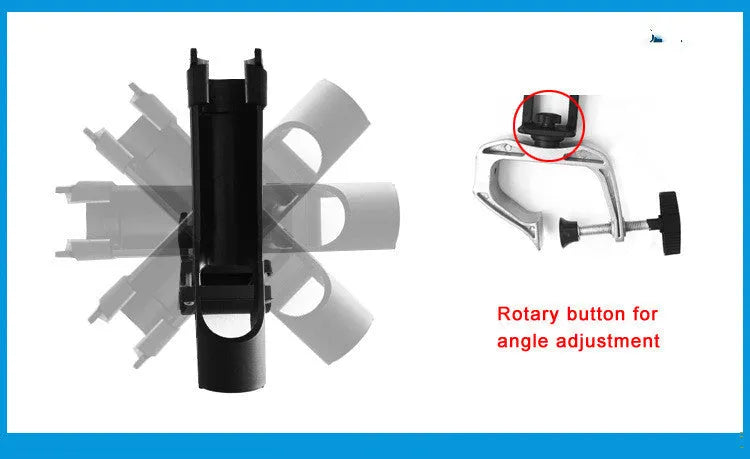 Black nylon plastic fishing rod holder with aluminium G clamp, 360 degree rotation and locking function