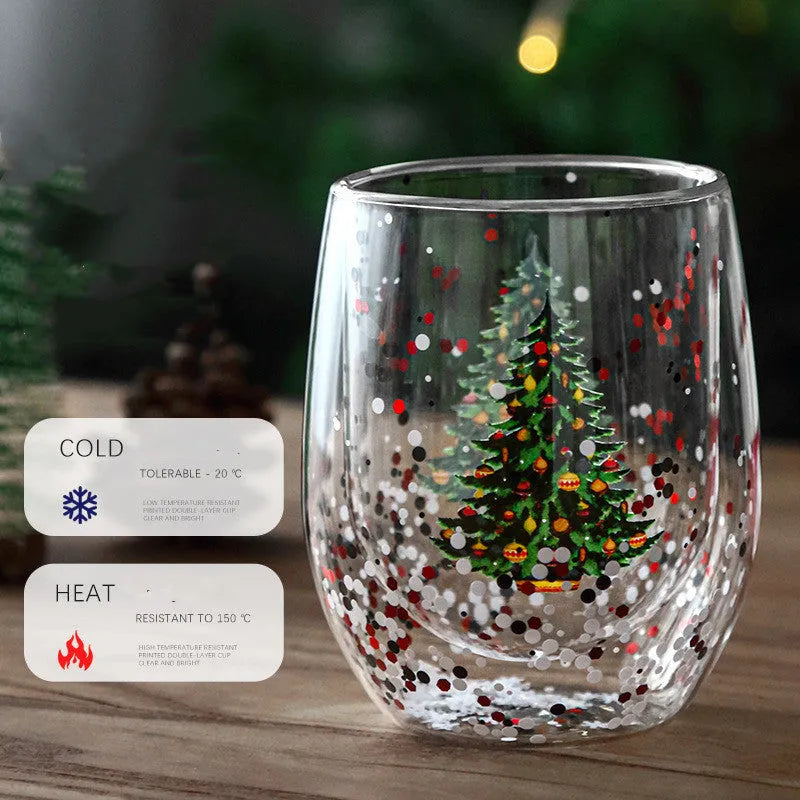 Christmas tree cup with double-layer high boron silicon glass, flowing sequins, and flower pattern, 301-400ml capacity