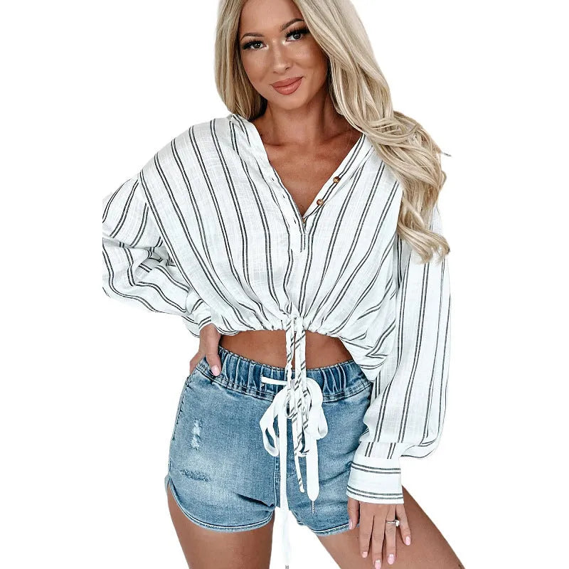 Striped long sleeve waist-tied loose top in white or navy with button detail and extra long shirt sleeves