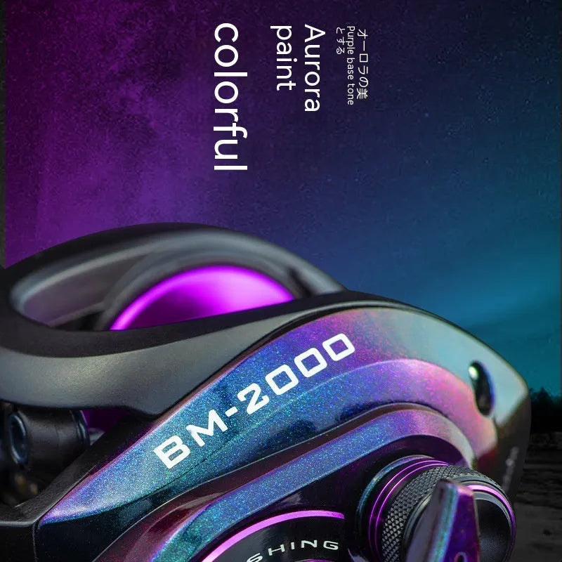 BM2000 model fishing reel with magnetic brake system and water drop spool.