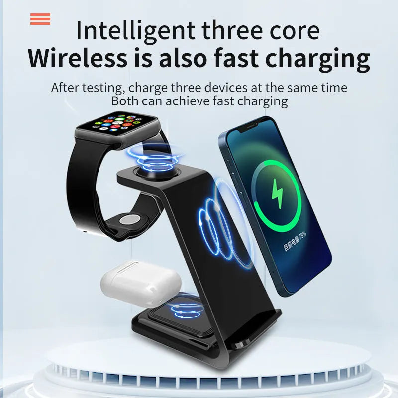 White 3-in-1 upright wireless charging stand holding a mobile phone in landscape orientation on a desk.