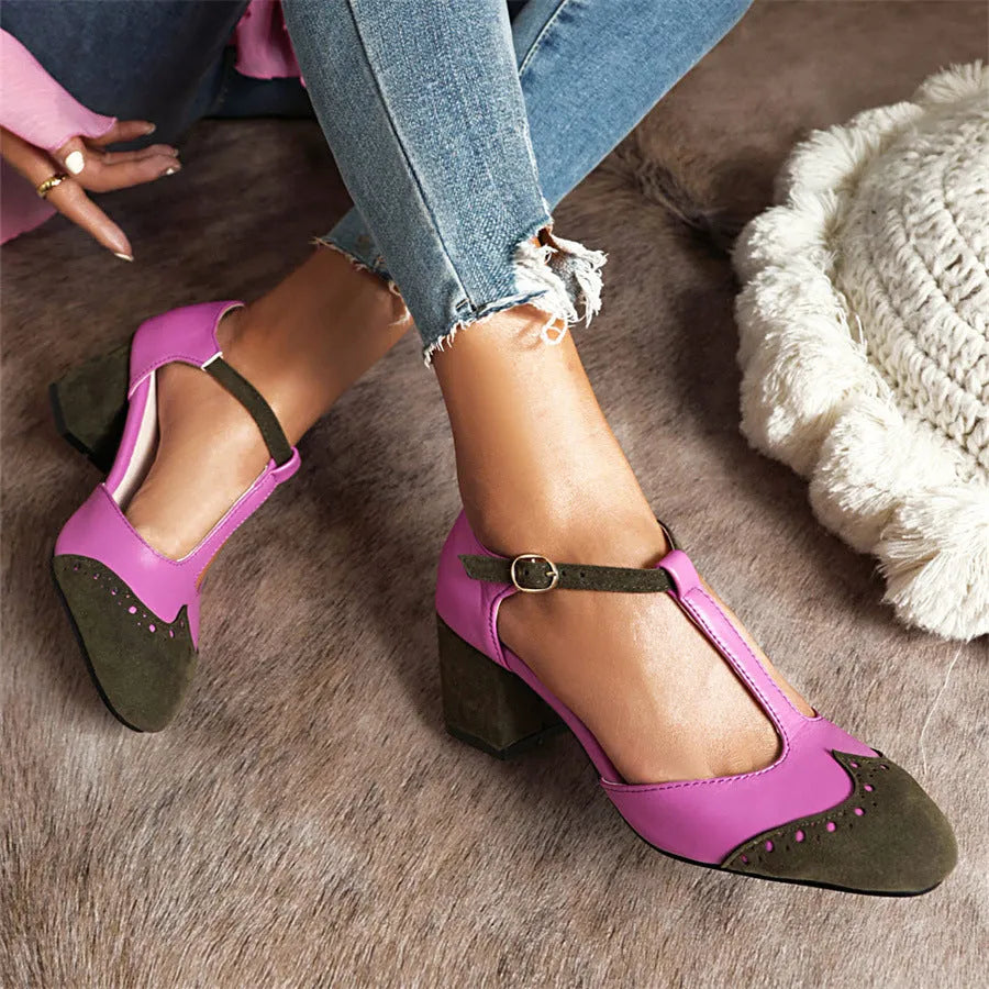 Women's two-tone T-strap high-heel sandals in green and purple with buckle fastening and round toe