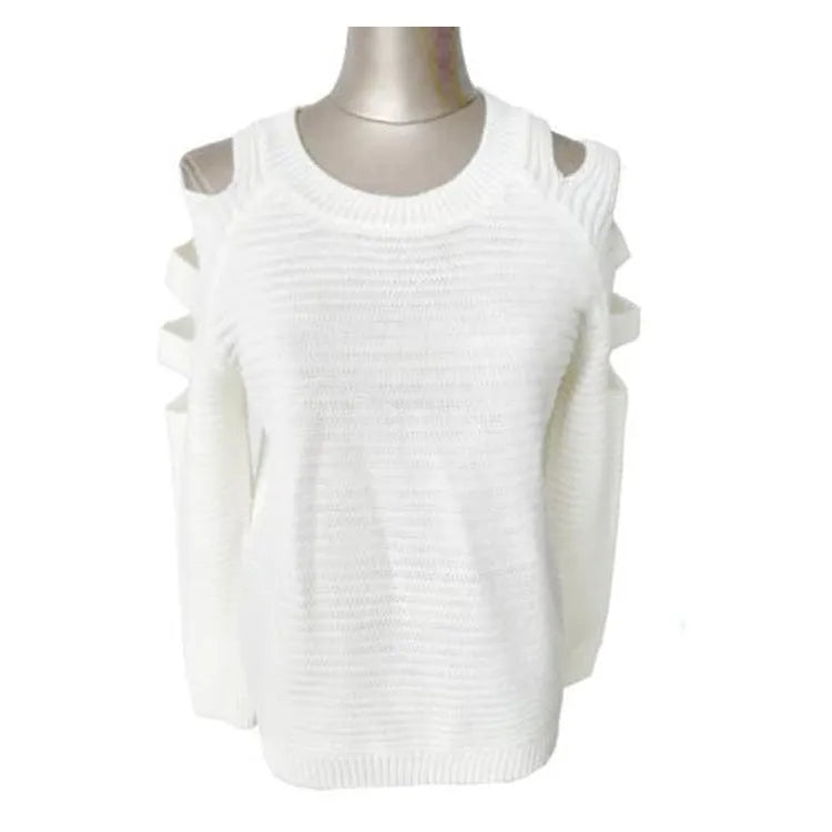 Women's grey knitted pullover shirt with hollow-out crochet pattern on the sleeves and body.