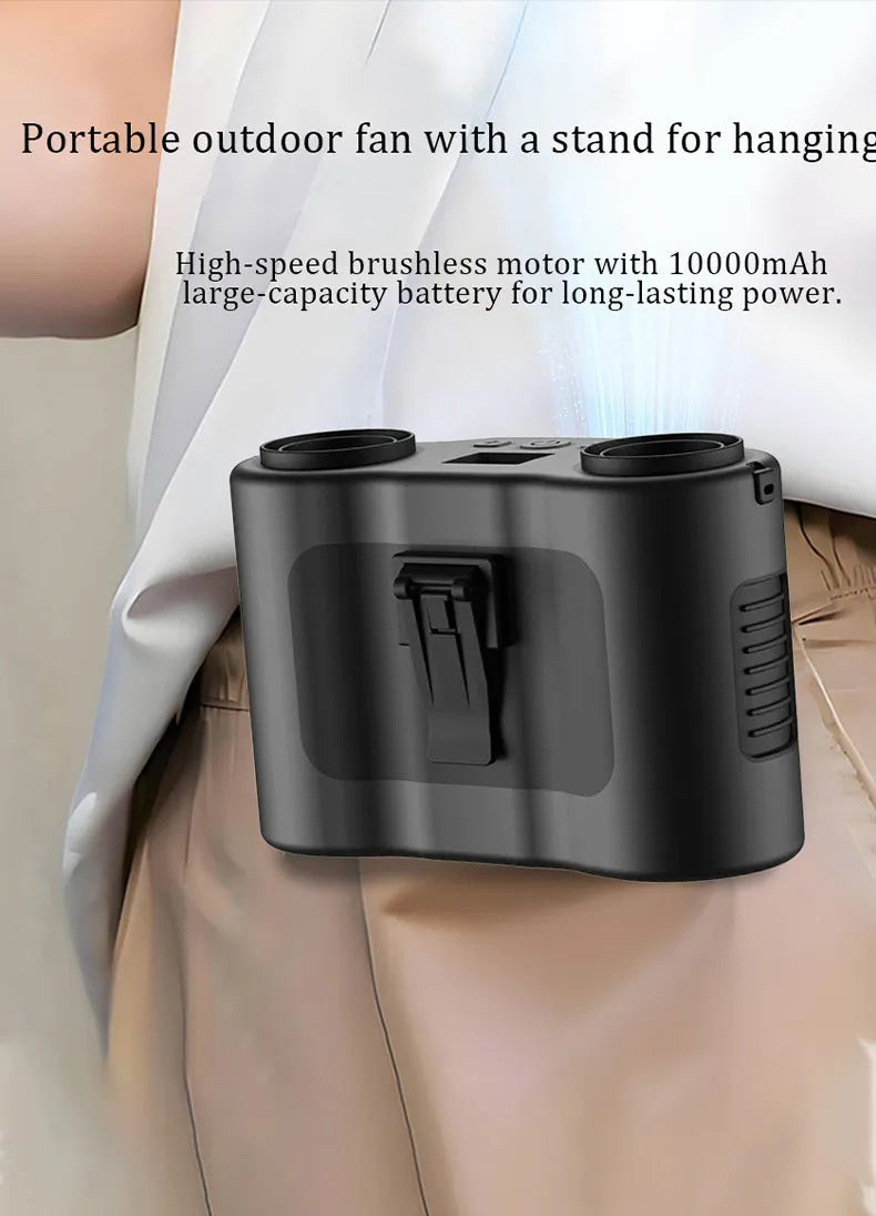 Black waist-hung personal fan with neck lanyard and waist clip, showing five-blade turbine design.