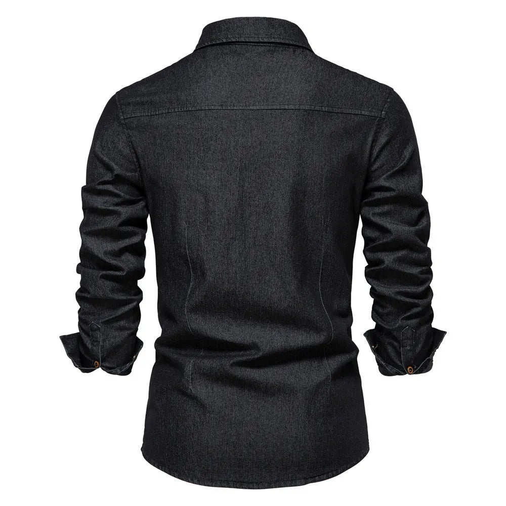 Men's slim fit long-sleeved denim shirt in solid colour with button-up front.