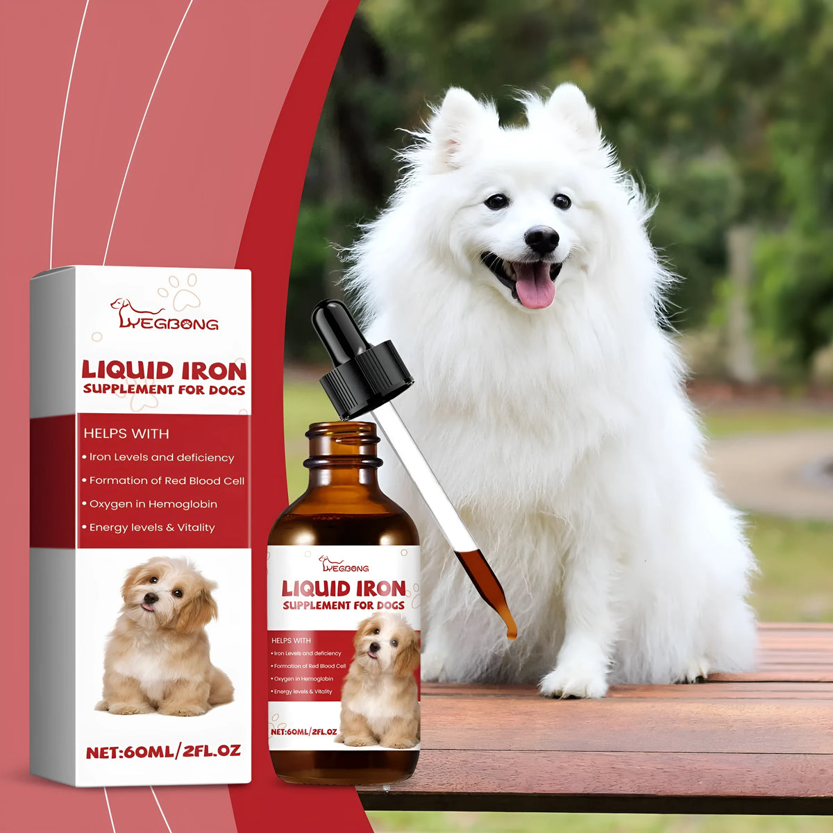 60ml pet dog syrup bottle with mint extract, purified water, and erythritol, measuring 3.3cm x 12cm