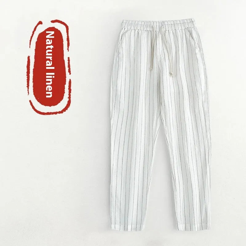 Men's striped cotton-linen summer trousers in cropped length with coffee, khaki, navy blue and white colour options