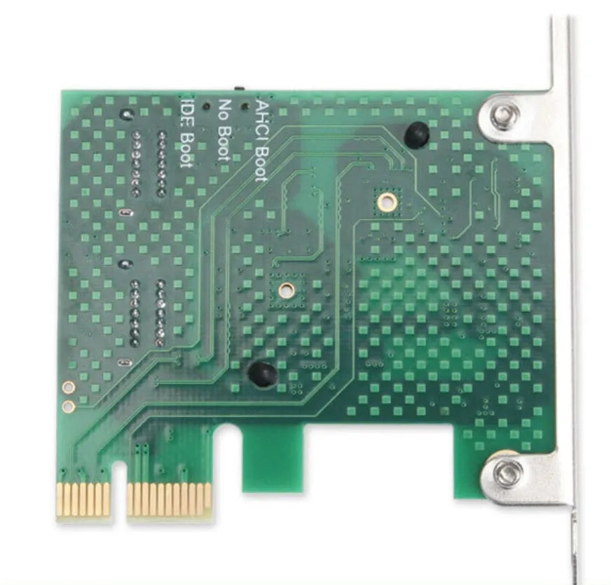 Green PCIe to SATA3.0 extension card with four SATA ports, PCIe x1 interface, 2U baffle, 120mm x 65mm x 56mm.