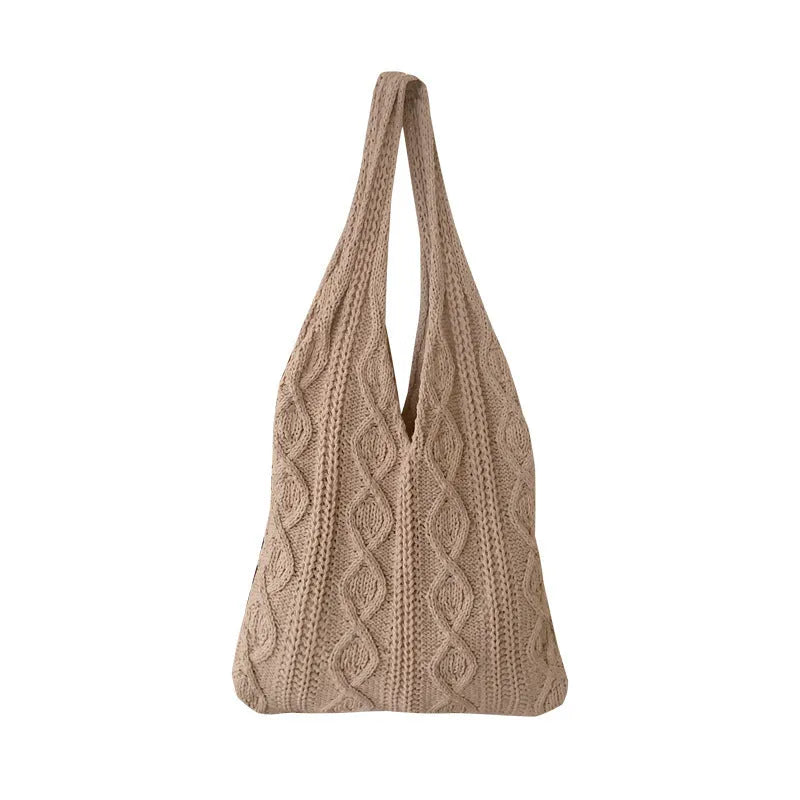 GWomen retro-style hollow knitted tote bag with double shoulder straps in a grass green colour