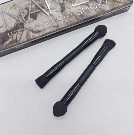 Double-headed miter sponge concealer makeup brush with black wooden handle