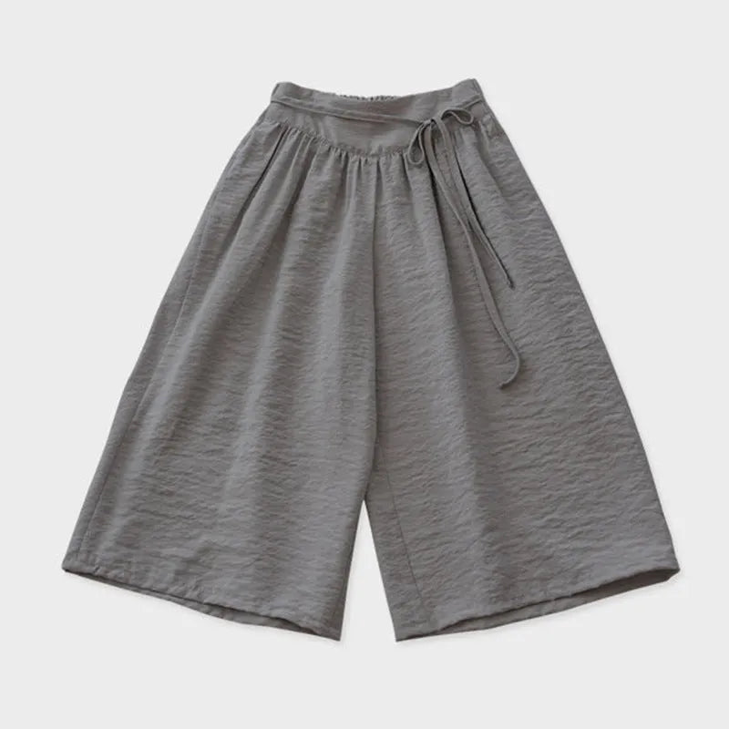 Retro high waist wide leg cropped gray cotton pants for girls