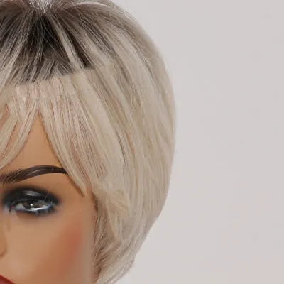 Short straight ombre blonde synthetic wig with bangs, 8 inch brown gradient gold, matte high temperature fibre, Rosenet cap