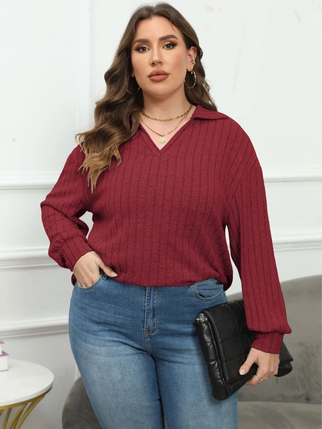Women's plus size grey polo collar shirt with lantern sleeves in Gothic street style.