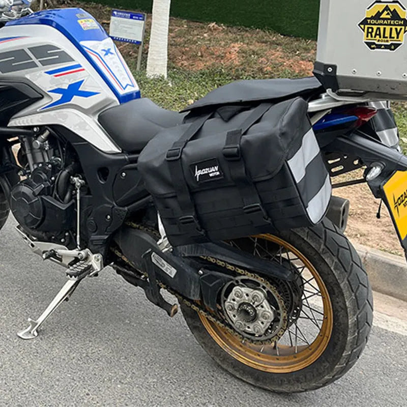 Waterproof motorcycle rear seat side bag set with 20 litre and 22 litre bags for universal bike fit