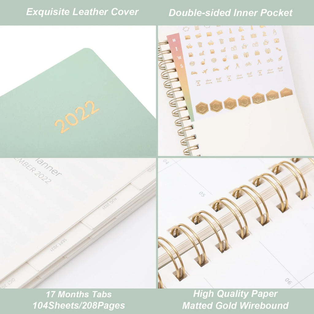 Blue or green PU leather student plan notebook with coil binding showing 2022 week planner pages and interior pockets