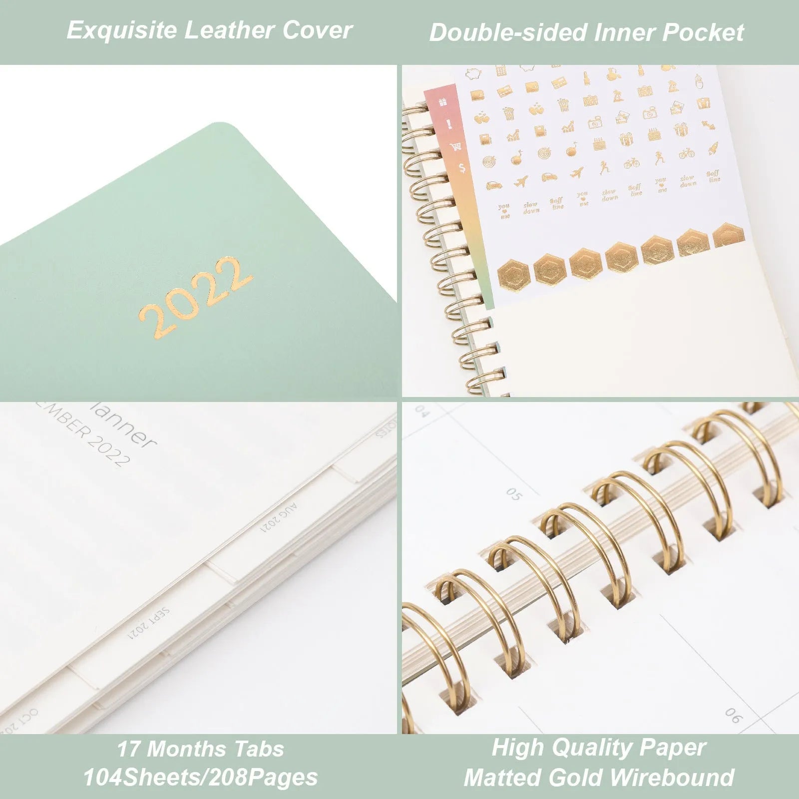 Blue or green PU leather student plan notebook with coil binding showing 2022 week planner pages and interior pockets