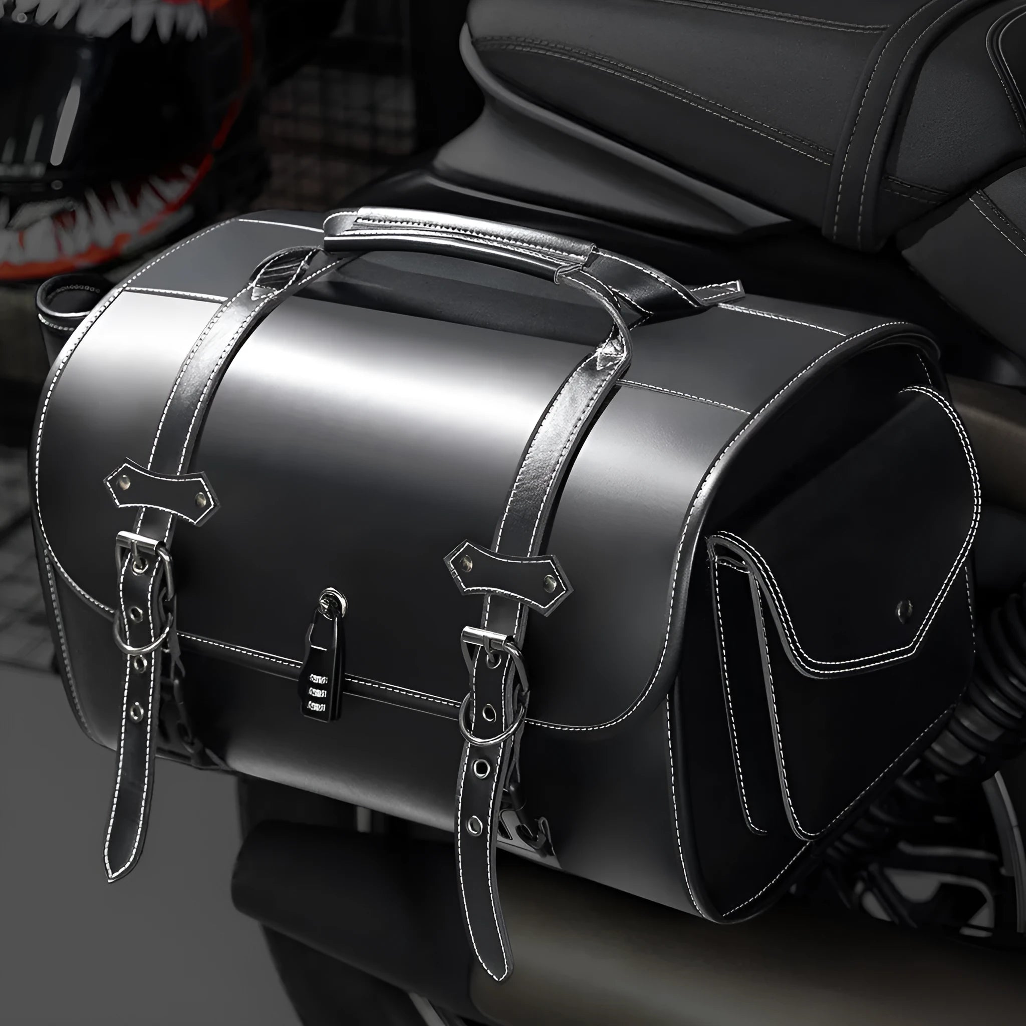 Dark punk styled motorcycle side bag with coded lock for equipment storage