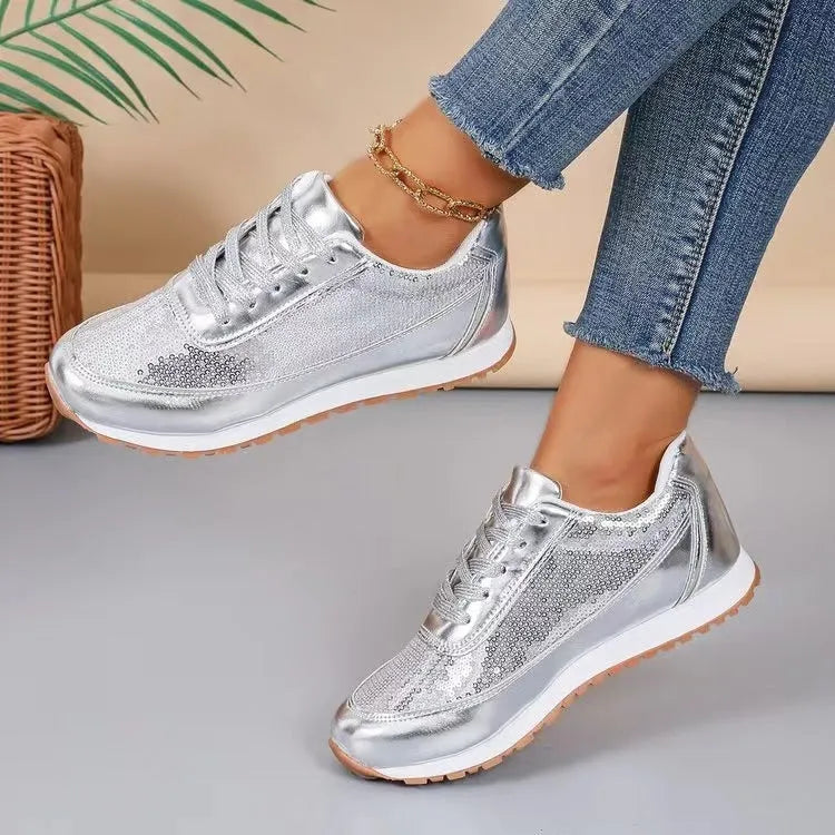 Women's thick-soled casual sneakers in PU leather with square toe design in black, silver, and champagne colours
