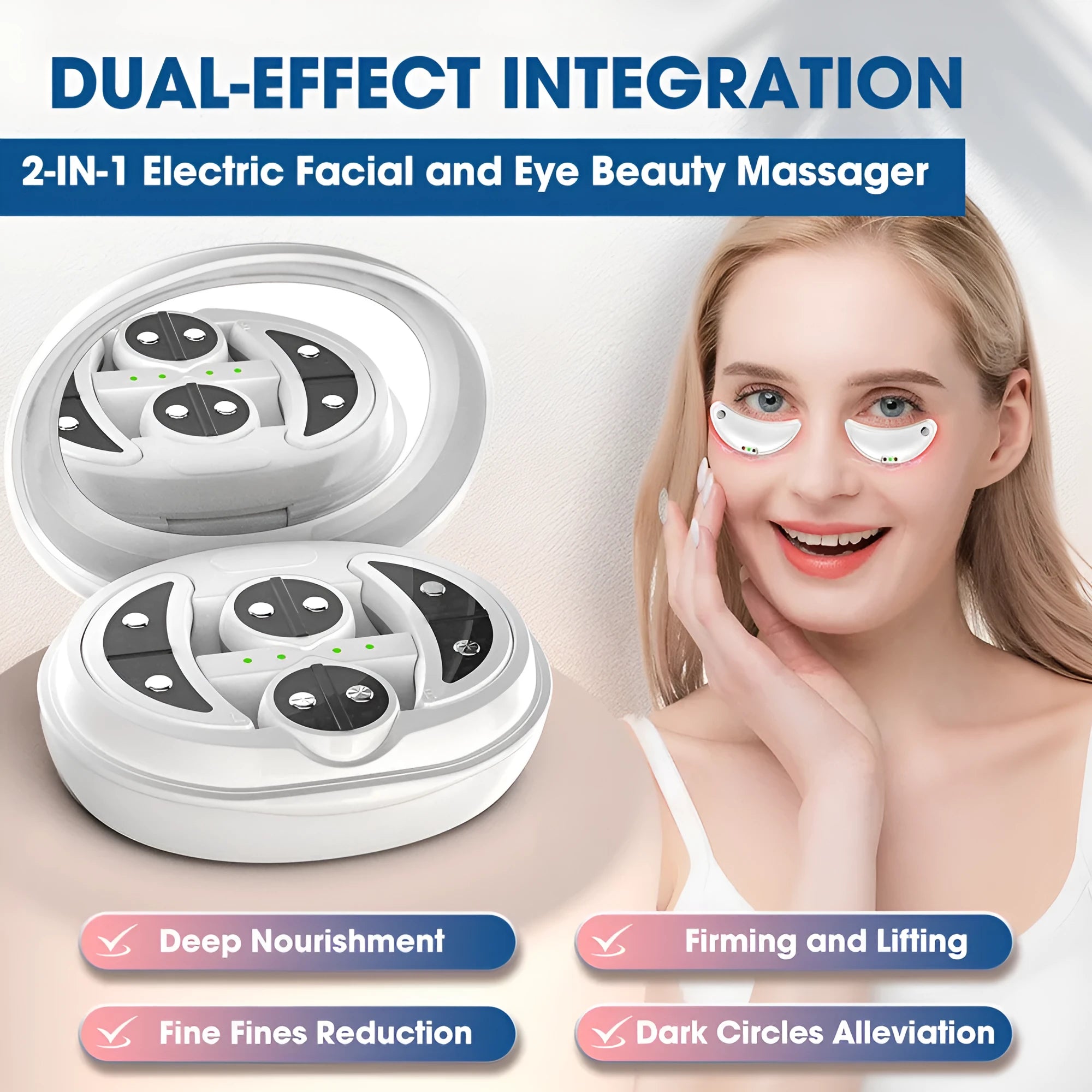 White wireless red light EMS eye and face massager device on a plain background.
