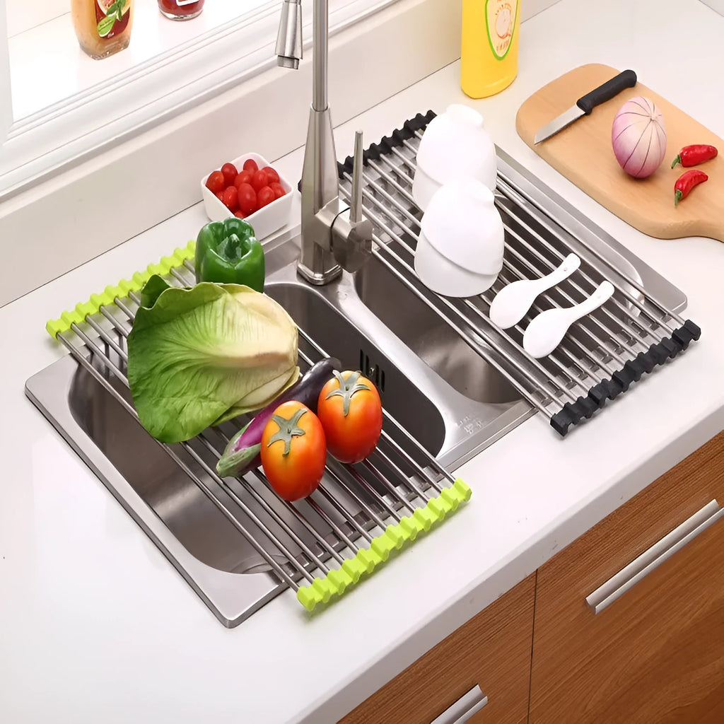 Folding stainless steel and plastic kitchen sink drain rack in blue, shown extended for use and collapsed for storage.