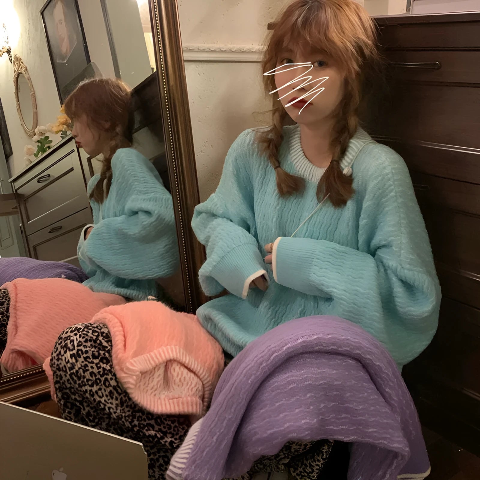 Women's loose retro pullover sweater in lake blue, showing front view with regular sleeves.