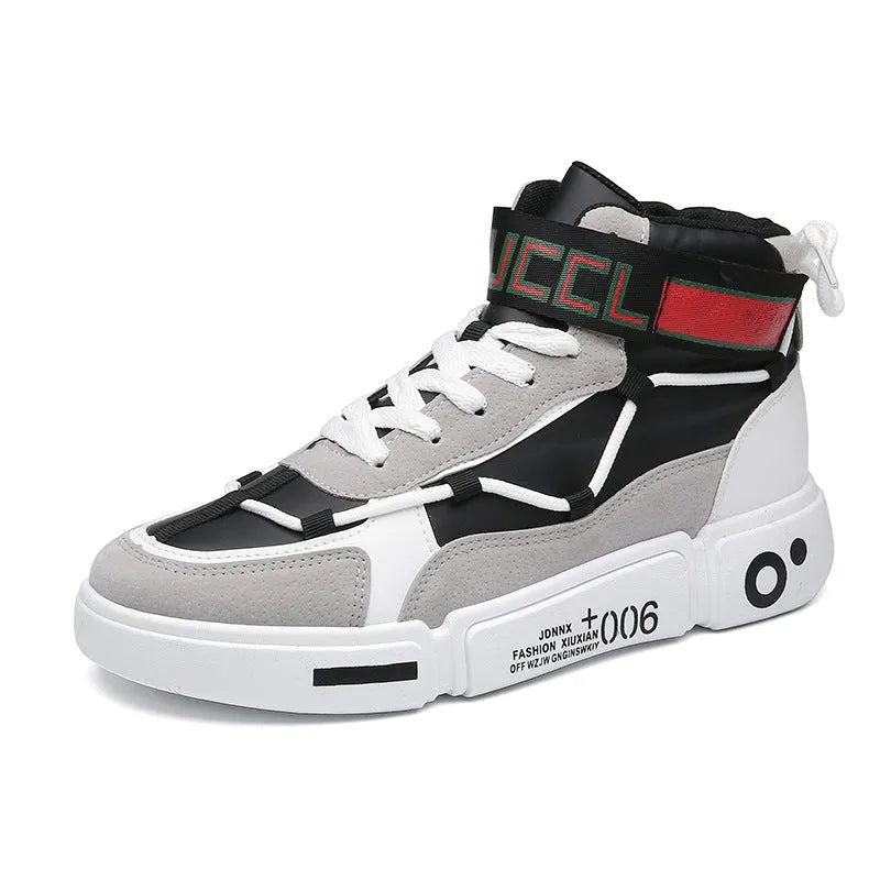 Men's high-top casual sports shoes in white grey or black and red, artificial PU upper, rubber sole, sizes 39-44