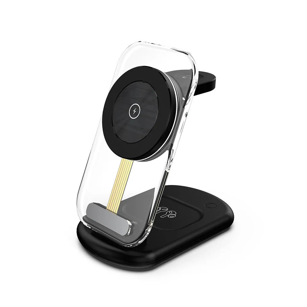Transparent foldable 3-in-1 wireless charger showing magnetic pad, Qi coil, and closed portable form.