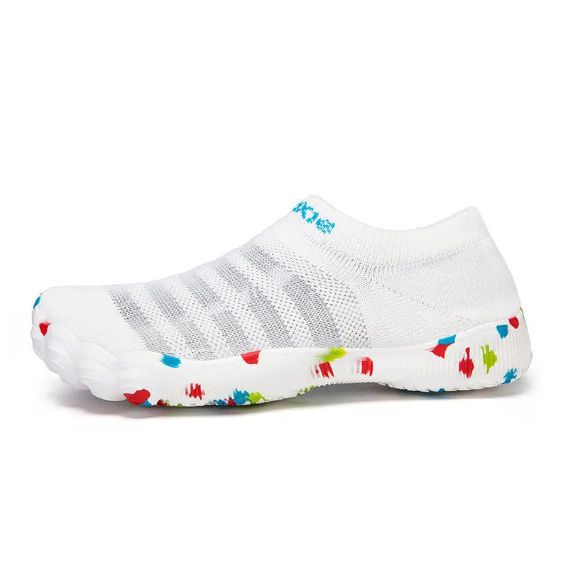 Men's and women's flyknit water shoes in camouflage colours with rubber sole and lace-up front.