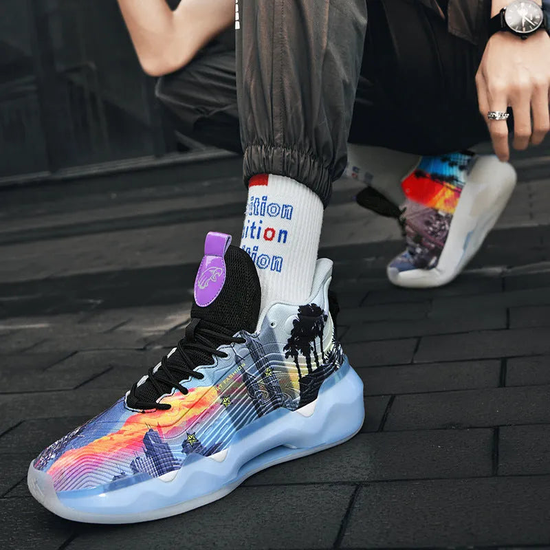 Luminous high-top basketball shoes with graffiti pattern, mesh upper, rubber outsole, front lace-up, sizes 36-45.