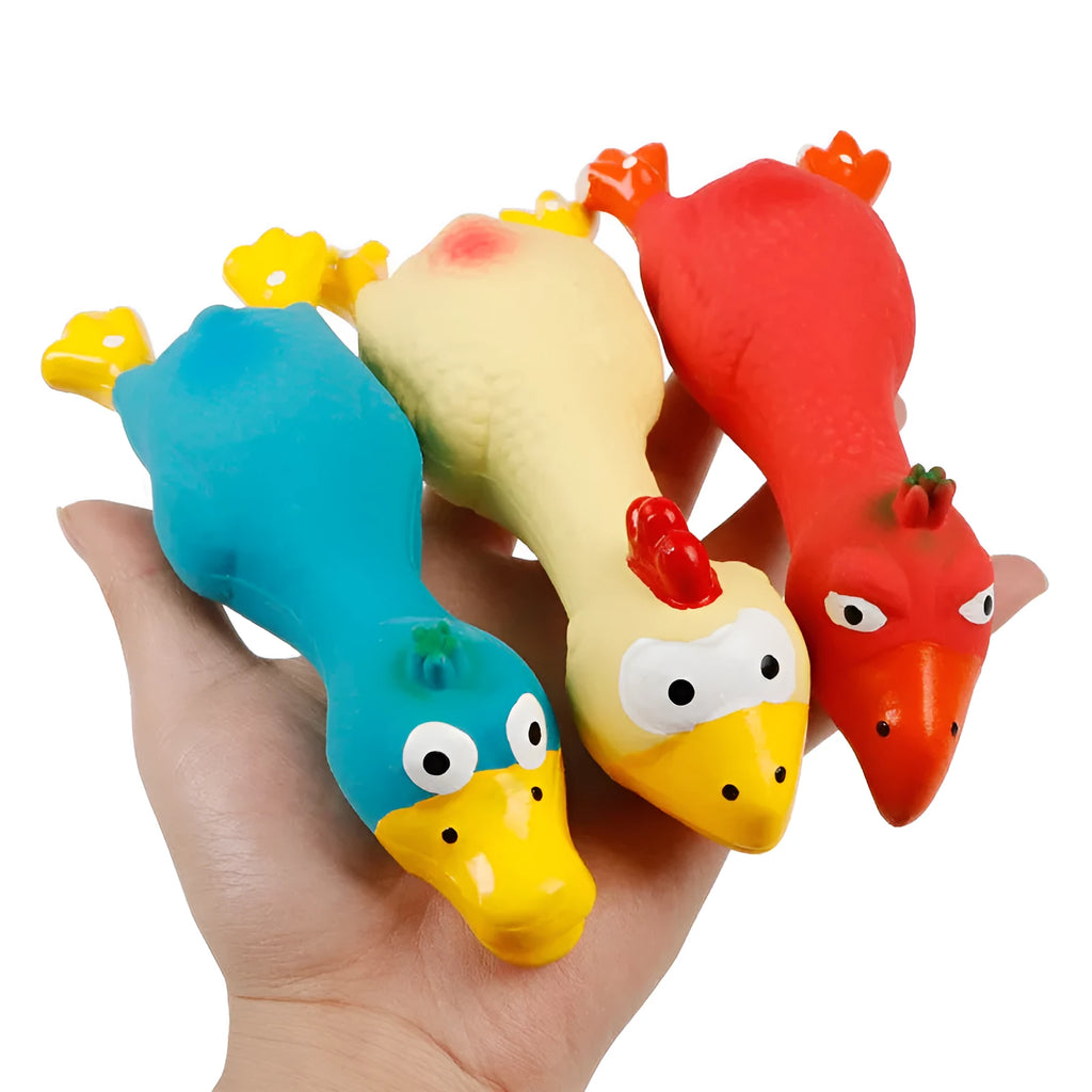 Brightly coloured latex duck pet sound toy in blue, red, and yellow for dogs and cats