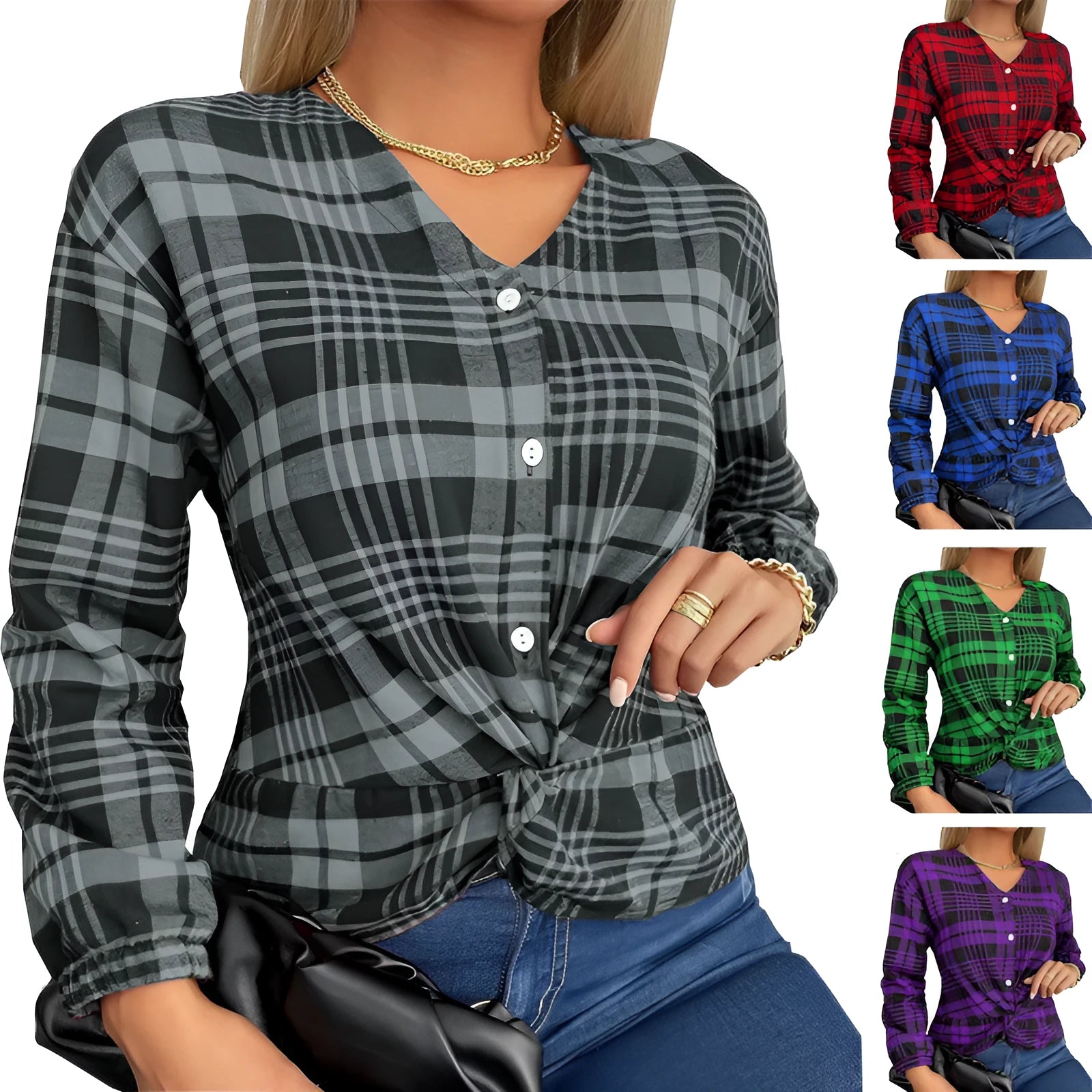 Women's purple plaid casual shirt with loose fit and regular sleeves on hanger