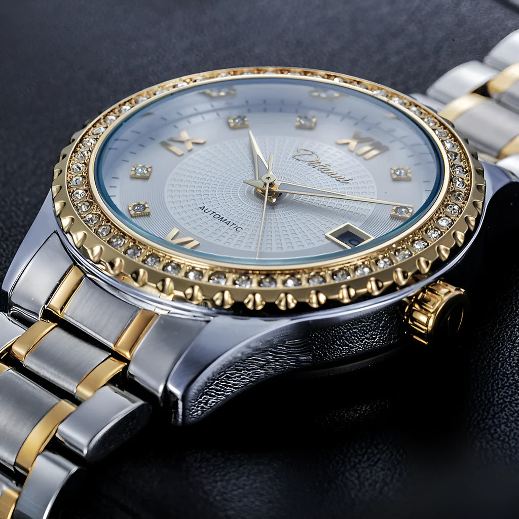 Fashionmonger men's automatic mechanical watch with luminous hands and waterproof case in gold or silver finish.