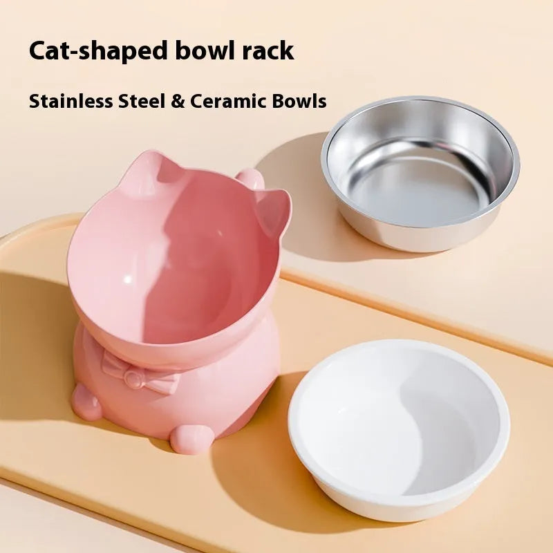 Matte finish stainless steel tilted cat bowl in four colours on a kitchen counter
