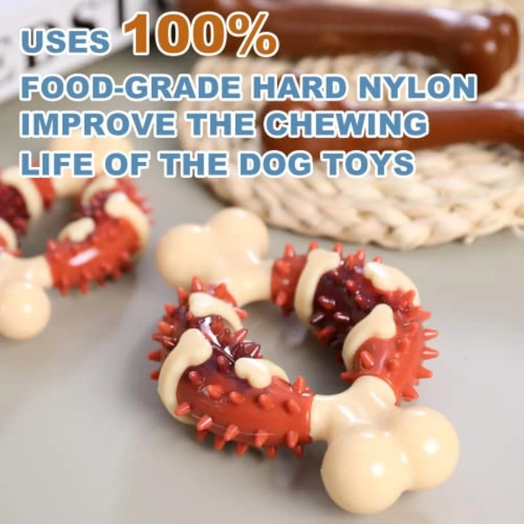 Bone-shaped natural rubber dog molar chew toy in two sizes for teeth grinding and anxiety relief.