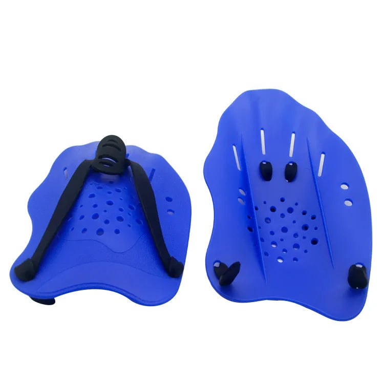 A pair of black swim training paddles for freestyle stroke, shown from above with finger holes visible.