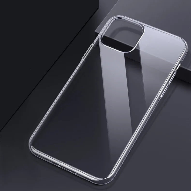 Thickened transparent TPU iPhone case showing four-corner airbag design on a mobile phone.