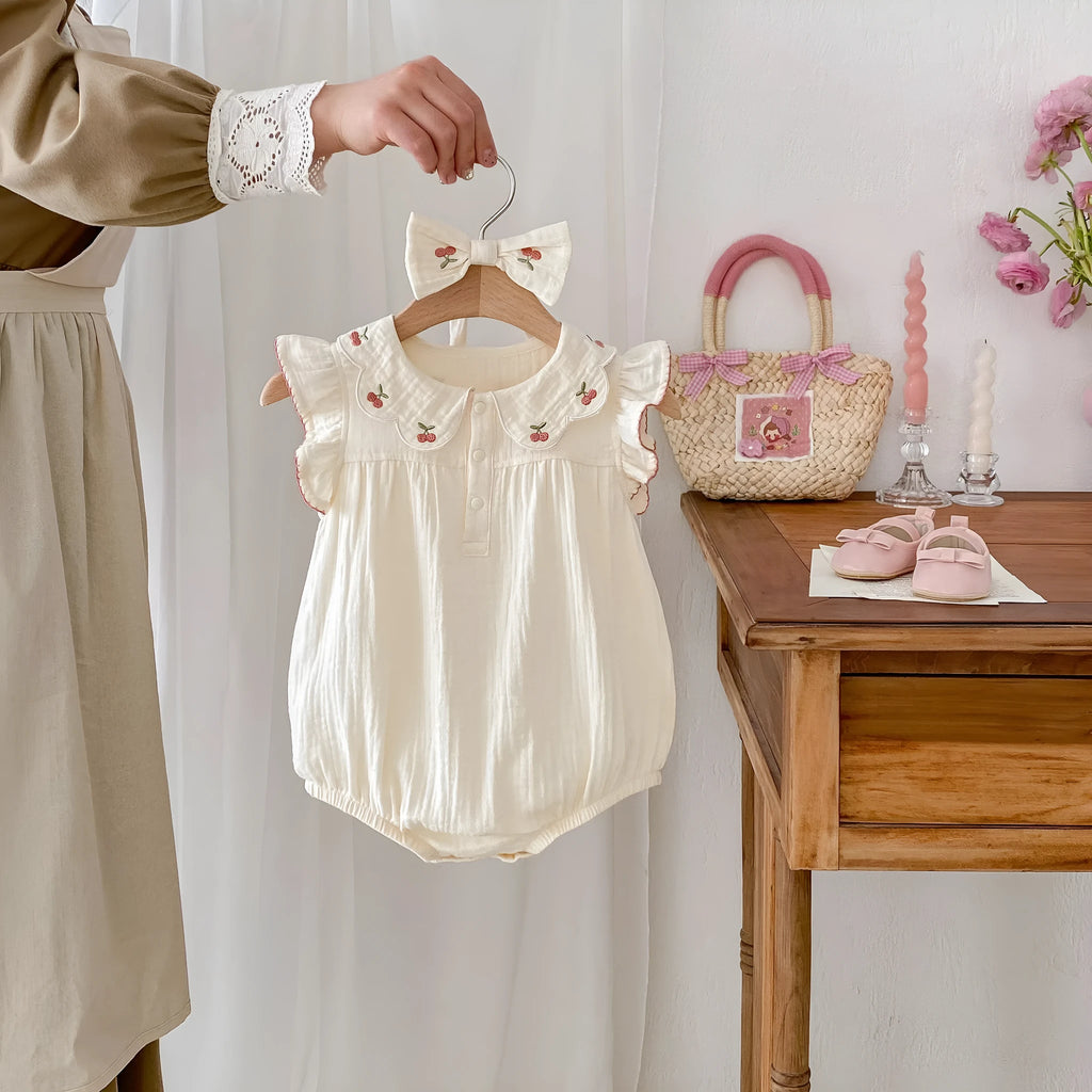 Apricot sleeveless cotton double-breasted baby jumpsuit with matching hair band, summer thin romper for heights 66cm-90cm.