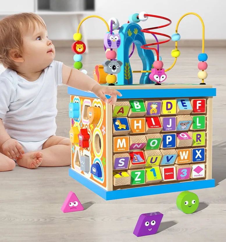 Blue wooden bead maze treasure box learning toy for babies and toddlers with multiple play scenes