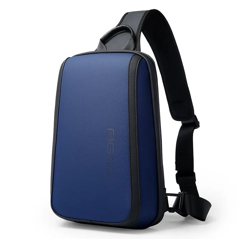 Men's blue Oxford cloth messenger bag with adjustable shoulder strap showing front compartment.