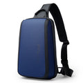 Men's blue Oxford cloth messenger bag with adjustable shoulder strap showing front compartment.