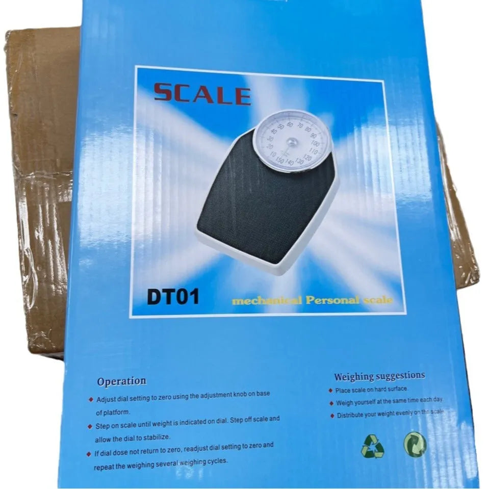 Black mechanical bathroom scale with large dial on a 47x35cm platform.