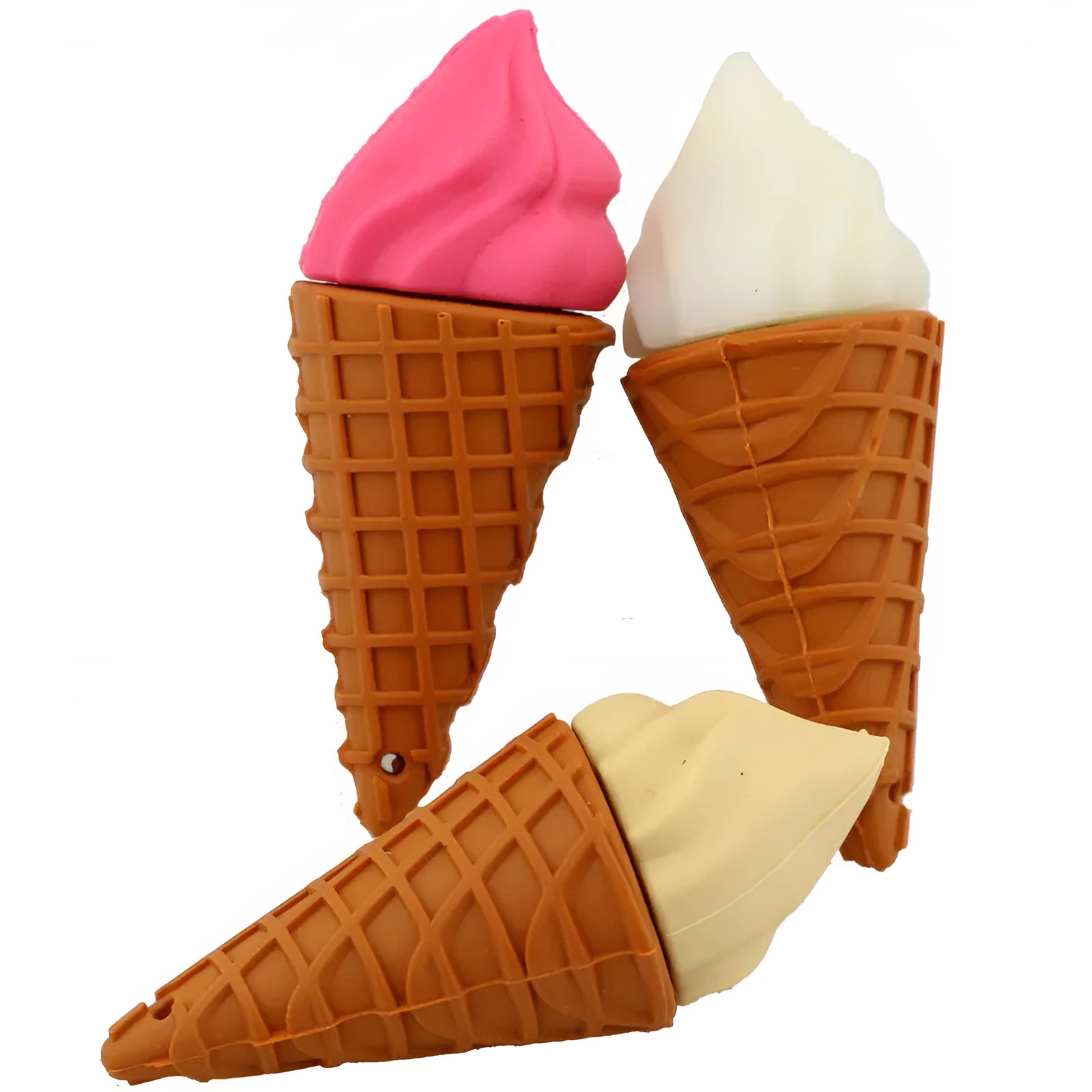 Small pink ice cream cone-shaped USB flash drive on a plain background